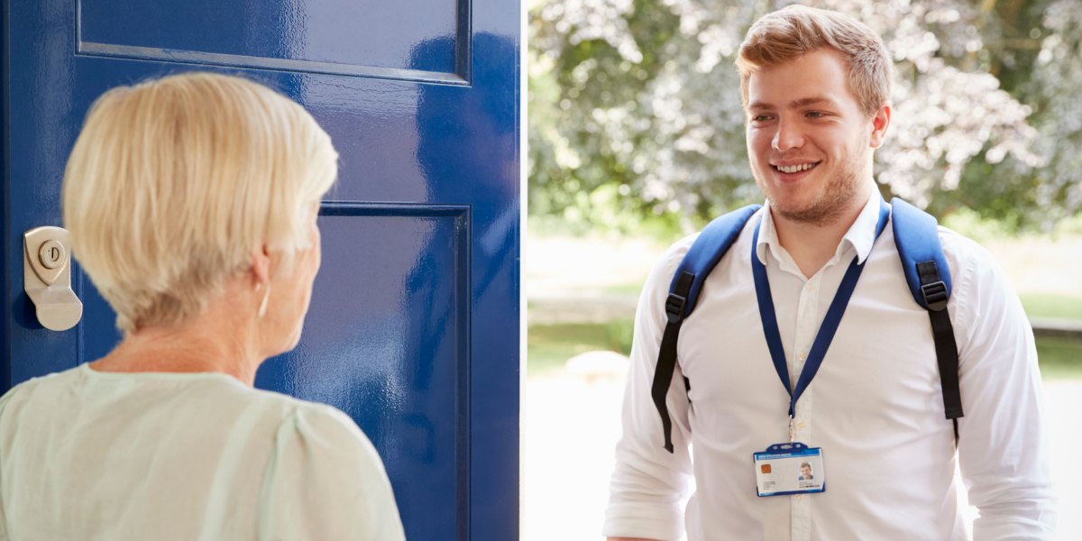 Elderly woman greeting off-duty first responder at door.