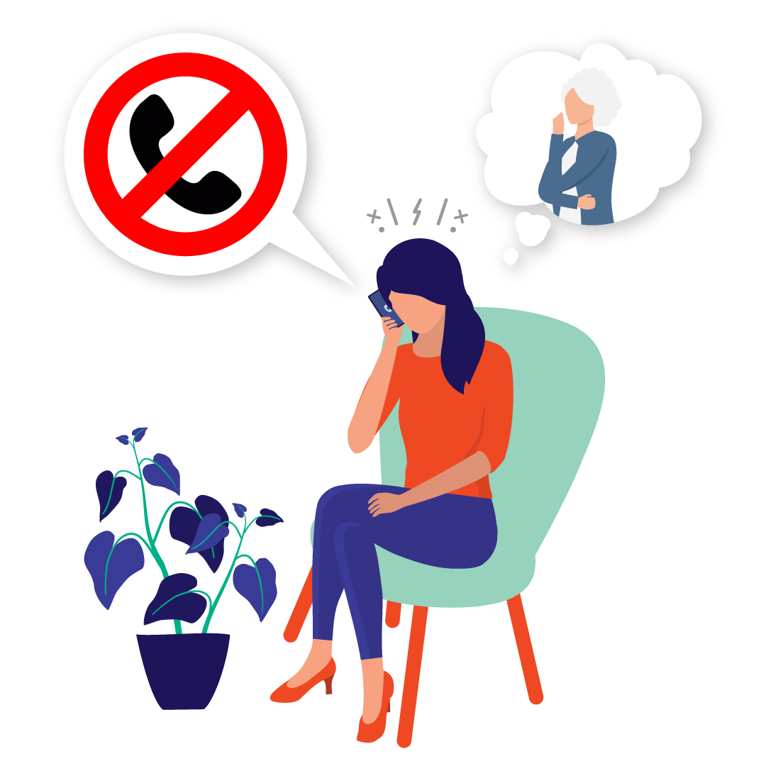 illustration of woman sitting in chair trying to make a phone call to her grandmother