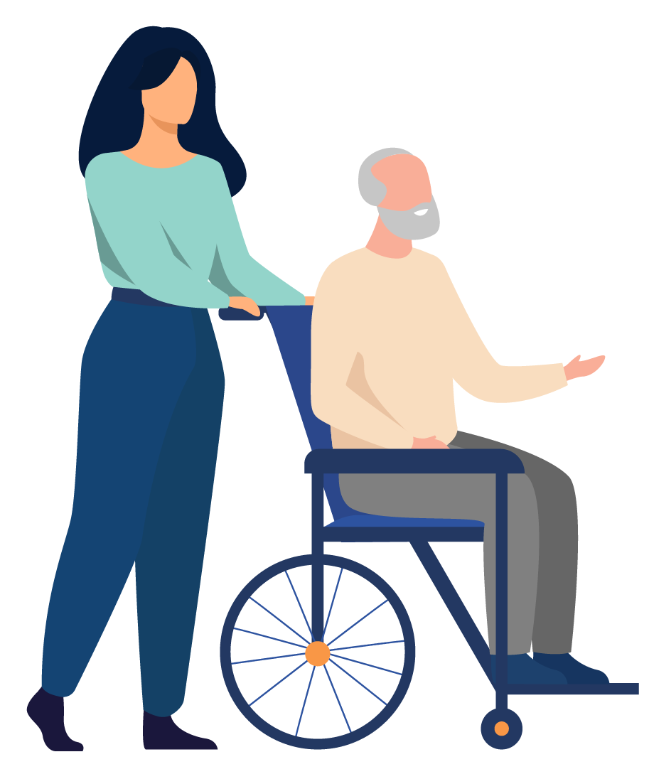 elderly man in a wheelchair being pushed by daughter